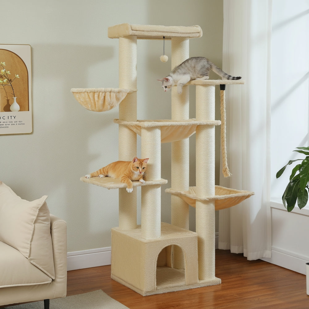 Arbre à Chat XXL 170cm Hamac Bois | Beige | Perchoir Du Chat