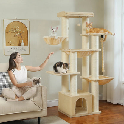 Arbre à Chat XXL 170cm Hamac Bois | Beige | Perchoir Du Chat