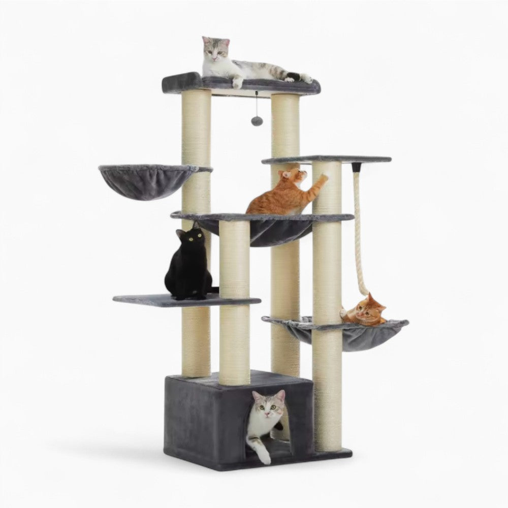 Arbre à Chat XXL 170cm Hamac Bois et | Gris Beige | Perchoir Du Chat