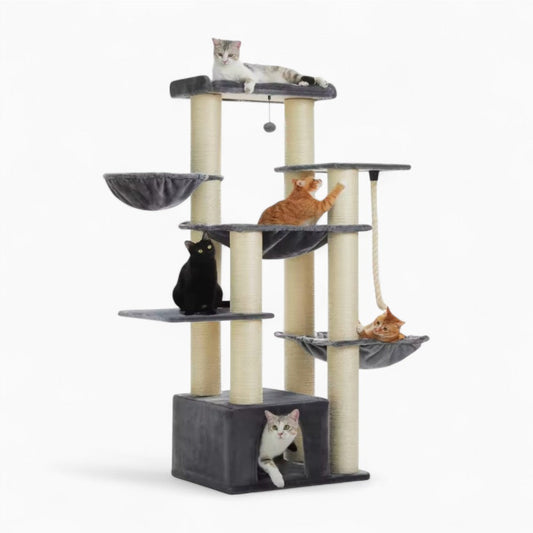 Arbre à Chat XXL 170cm Hamac Bois et | Gris Beige | Perchoir Du Chat