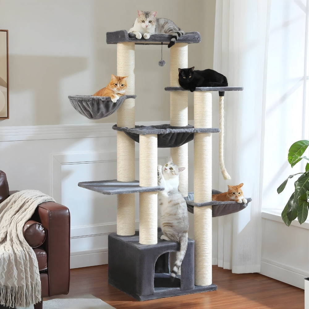 Arbre à Chat XXL 170cm Hamac Bois et | Gris Beige | Perchoir Du Chat