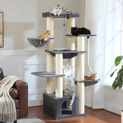 Arbre à Chat XXL 170cm Hamac Bois et | Gris Beige | Perchoir Du Chat