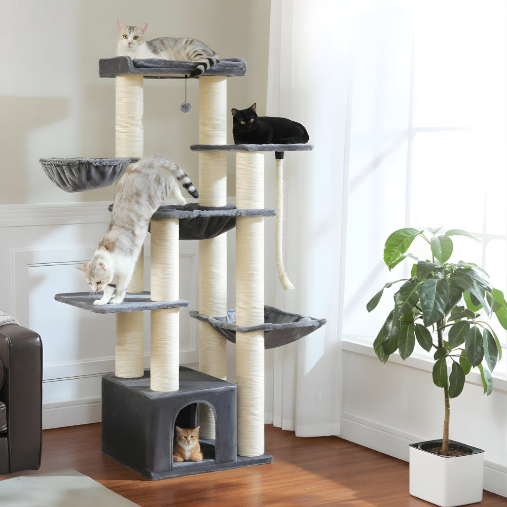 Arbre à Chat XXL 170cm Hamac Bois et | Gris Beige | Perchoir Du Chat