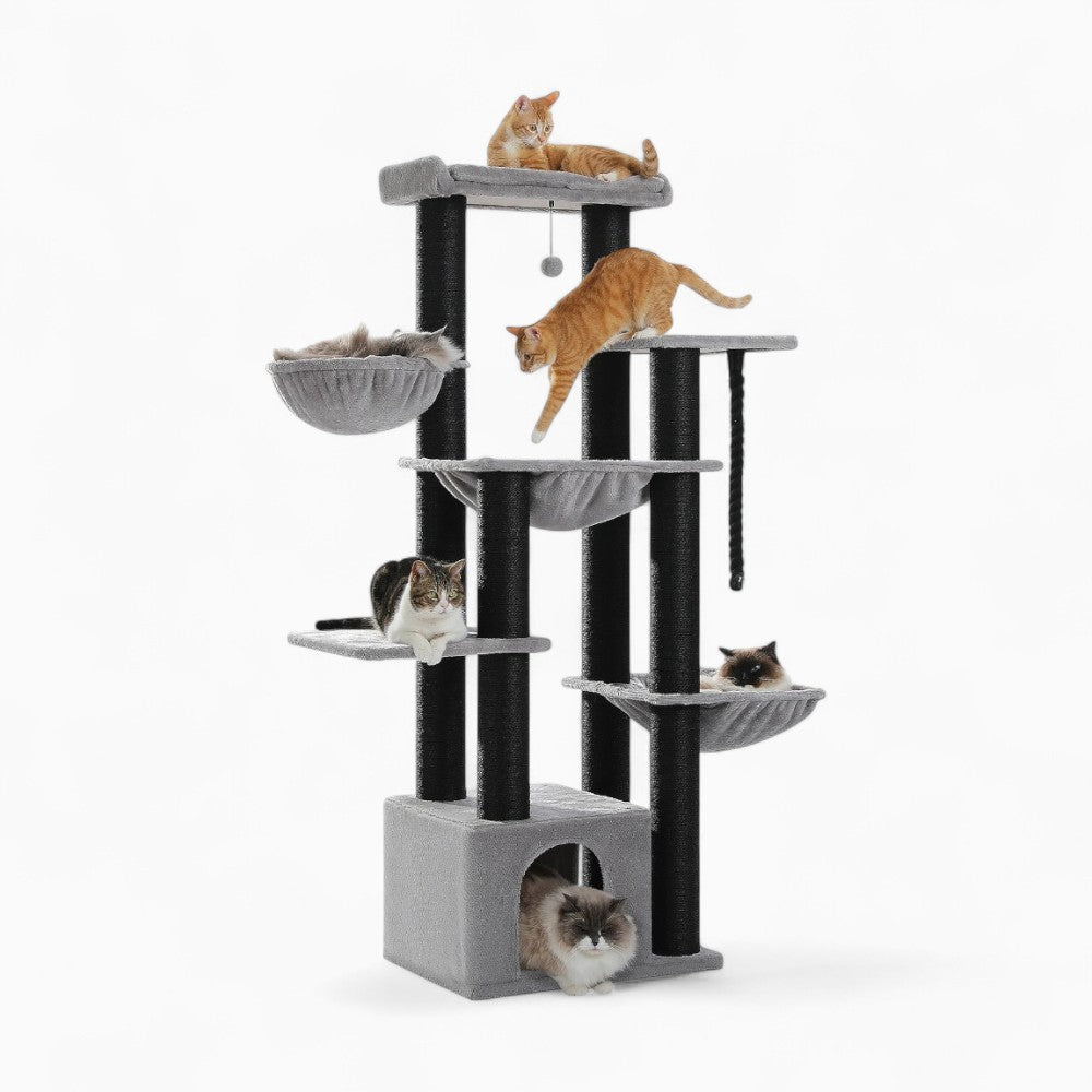 Arbre à Chat XXL 170cm Hamac Bois | Gris Noir | Perchoir Du Chat