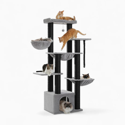 Arbre à Chat XXL 170cm Hamac Bois | Gris Noir | Perchoir Du Chat