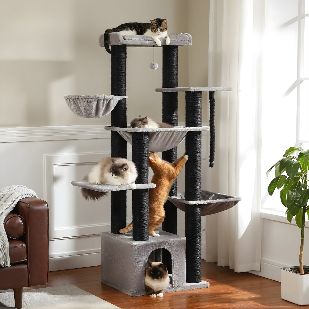 Arbre à Chat XXL 170cm Hamac Bois | Gris Noir | Perchoir Du Chat