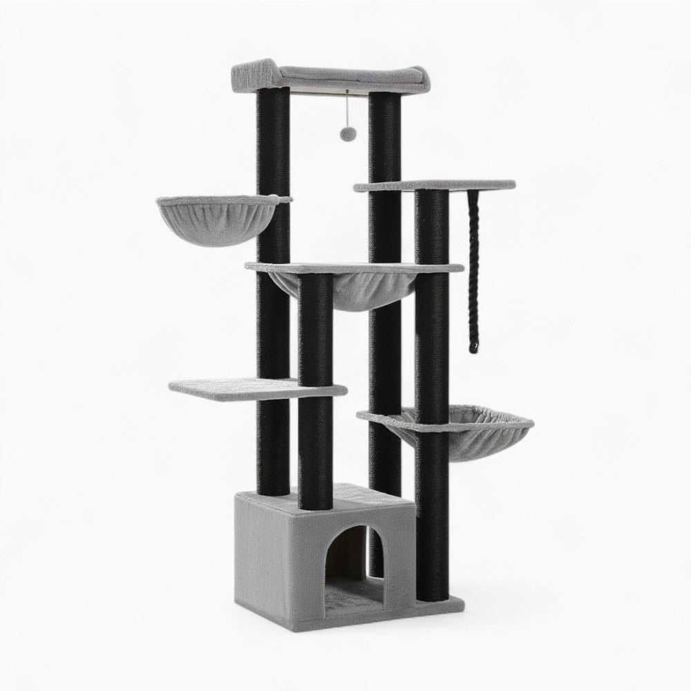 Arbre à Chat XXL 170cm Hamac Bois | Gris Noir | Perchoir Du Chat