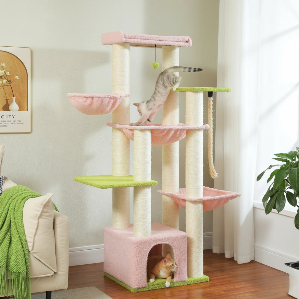 Arbre à Chat XXL 170cm Hamac Bois | Rose | Perchoir Du Chat