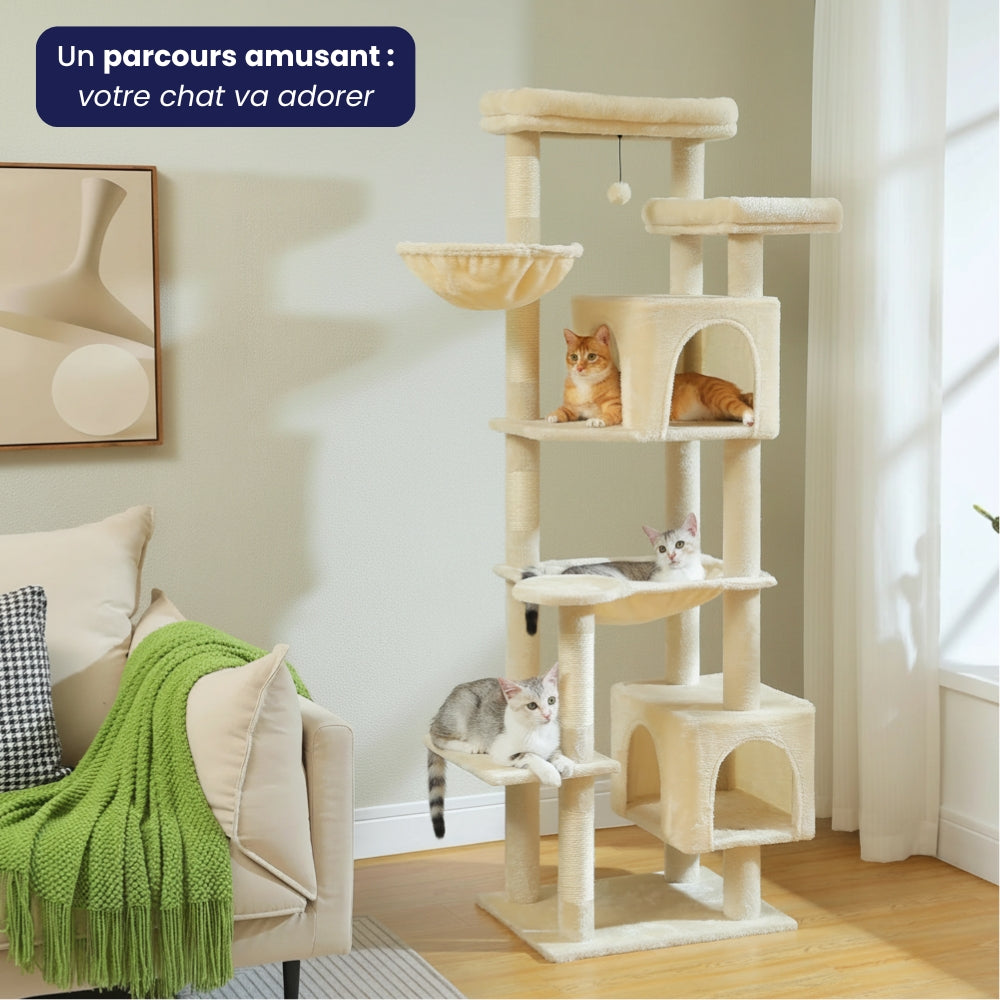 Arbre à Chat XXL 175cm Hamac Bois | Beige | Perchoir Du Chat