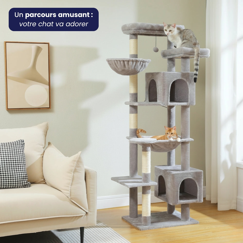 Arbre à Chat XXL 175cm Hamac Bois | Gris | Perchoir Du Chat