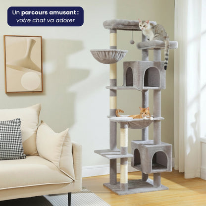 Arbre à Chat XXL 175cm Hamac Bois | Gris | Perchoir Du Chat