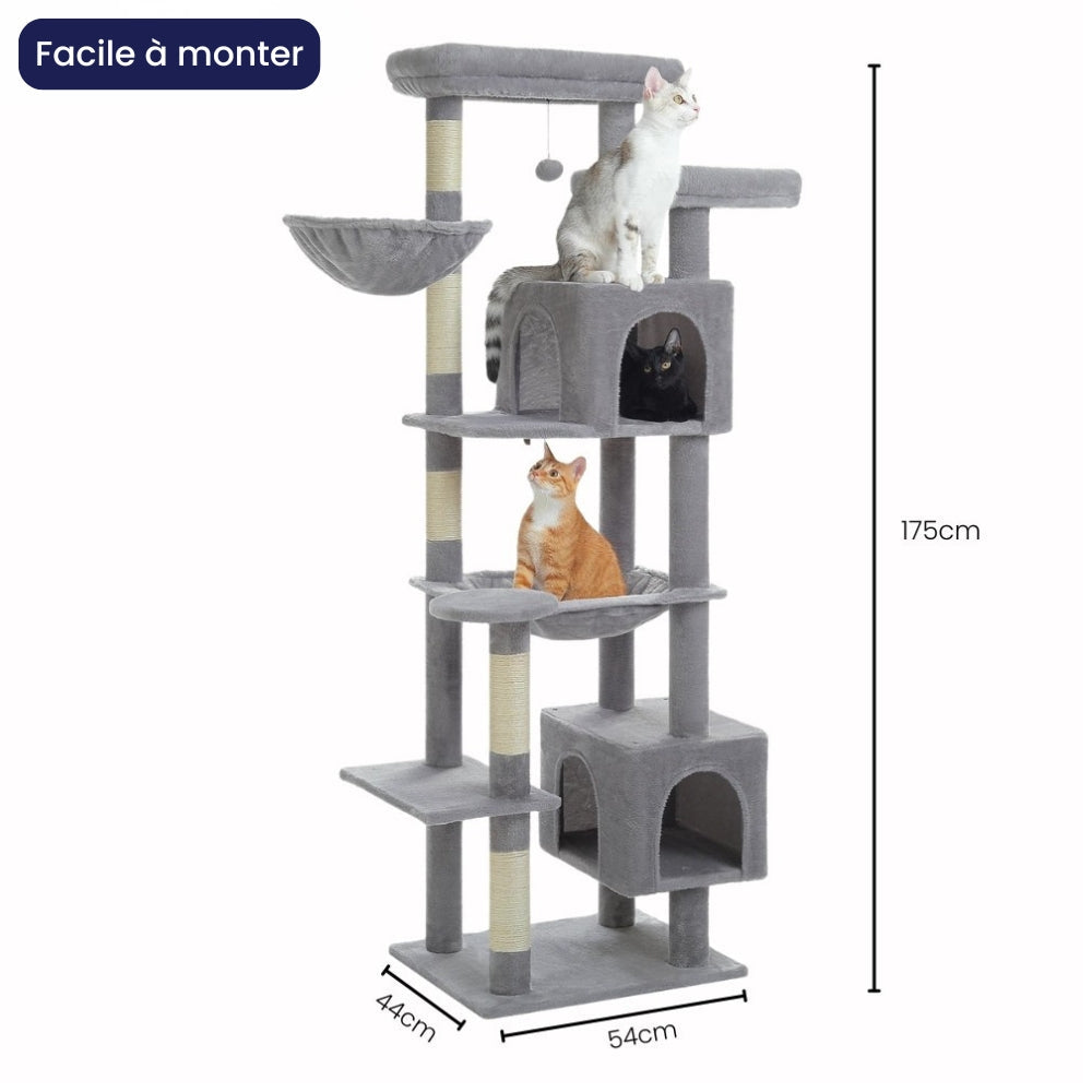 Arbre à Chat XXL 175cm Hamac Bois | Gris | Perchoir Du Chat