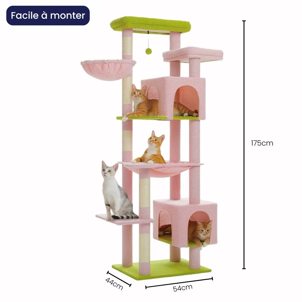 Arbre à Chat XXL 175cm Hamac Bois | Rose | Perchoir Du Chat