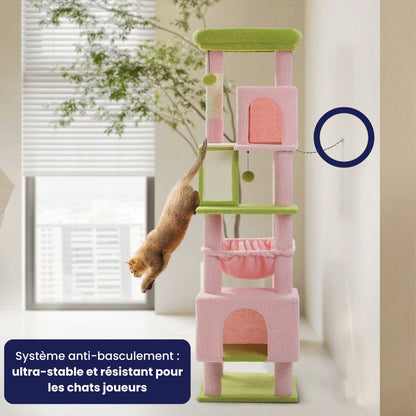 Arbre à Chat XXL 180cm Hamac Bois | Rose | Perchoir Du Chat