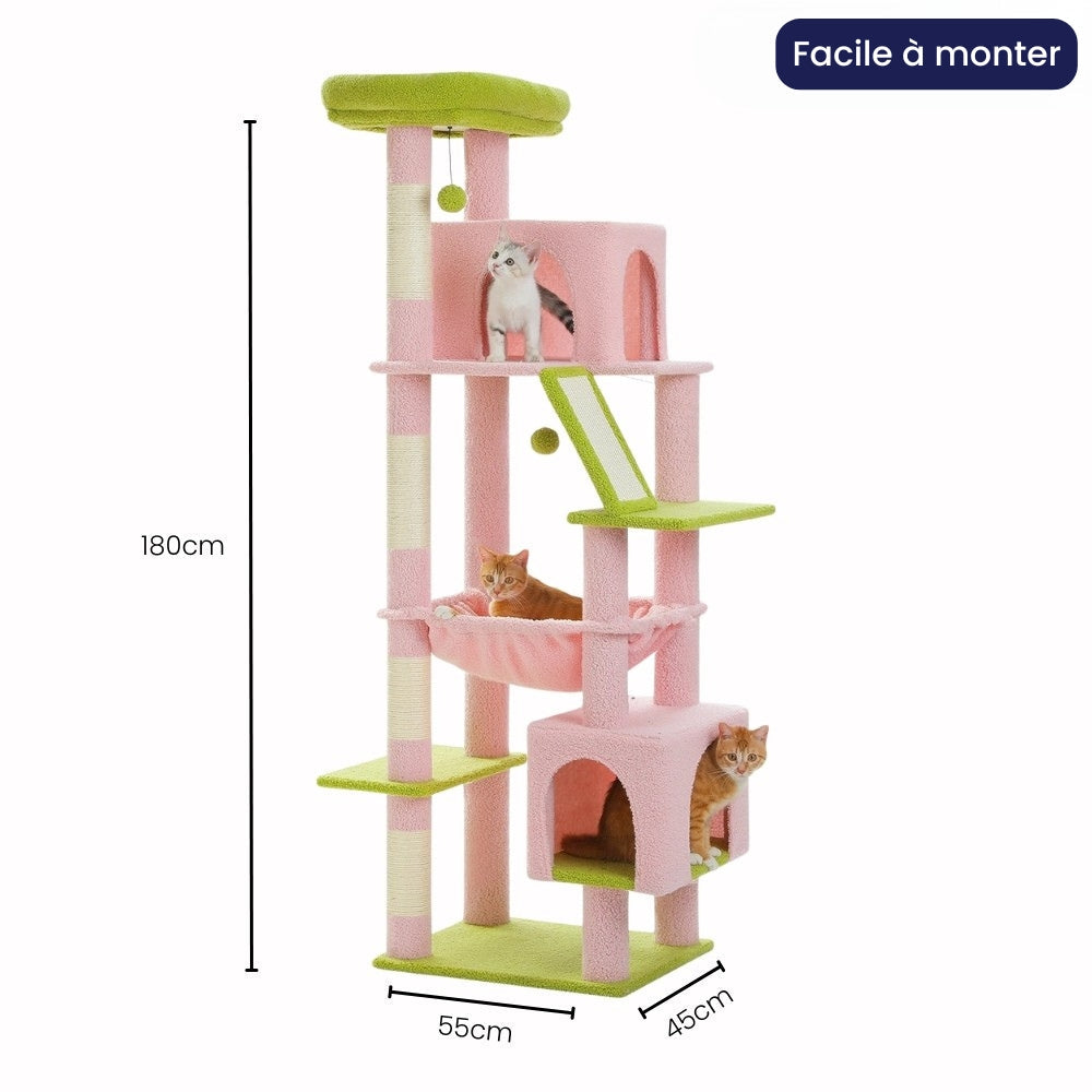 Arbre à Chat XXL 180cm Hamac Bois | Rose | Perchoir Du Chat