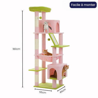 Arbre à Chat XXL 180cm Hamac Bois | Rose | Perchoir Du Chat