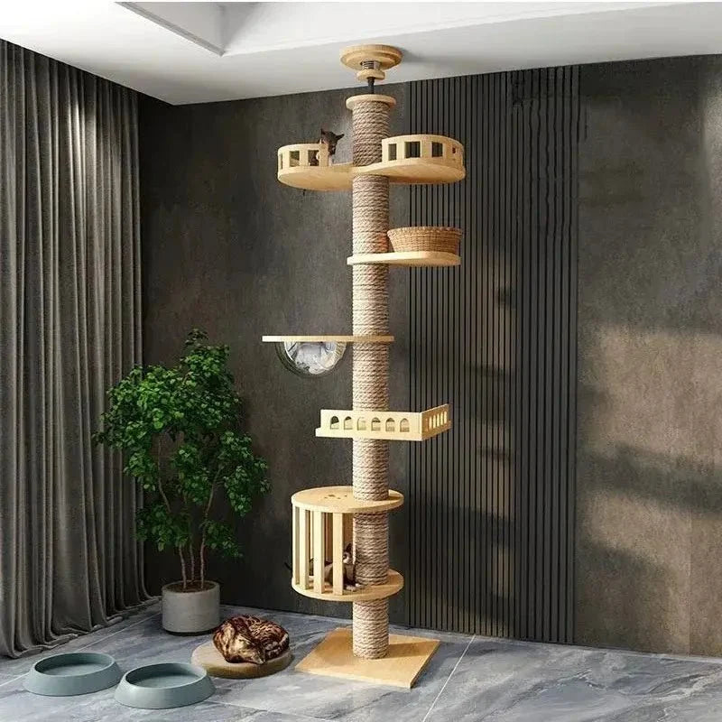 Arbre à Chat XXL Bois Naturel et Griffoir Plafond