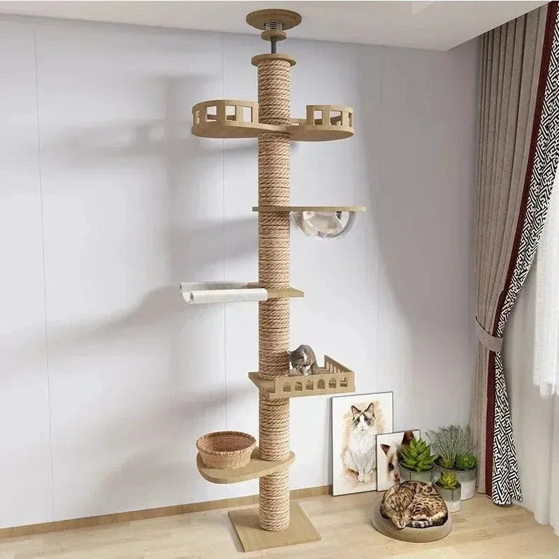 Arbre à Chat XXL Bois Naturel et Griffoir Plafond