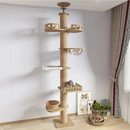 Arbre à Chat XXL Bois Naturel et Griffoir Plafond