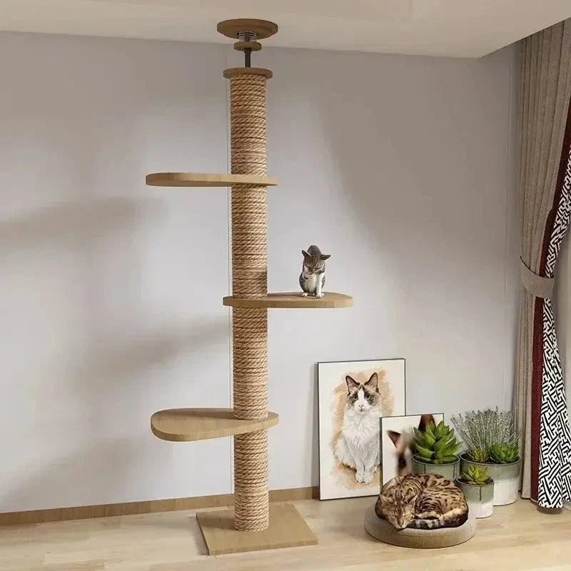Arbre à Chat XXL Bois Naturel et Griffoir Plafond