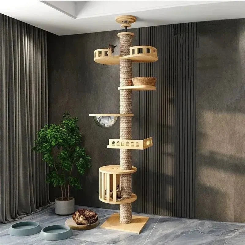 Arbre à Chat XXL Bois Naturel et Griffoir Plafond