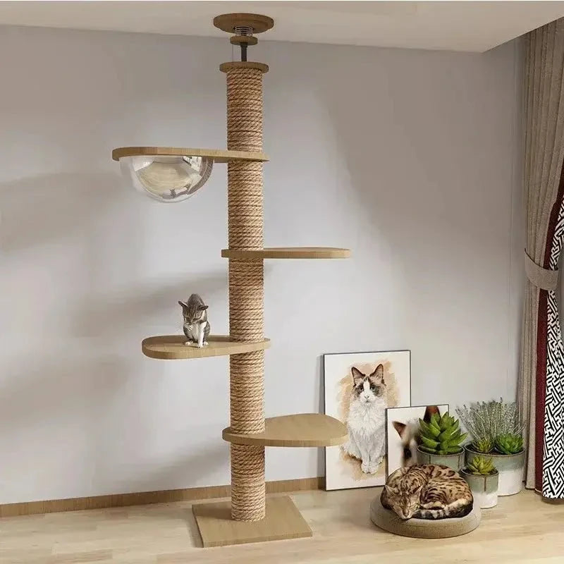 Arbre à Chat XXL Bois Naturel et Griffoir Plafond