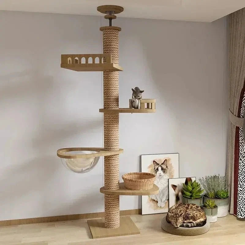 Arbre à Chat XXL Bois Naturel et Griffoir Plafond