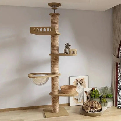 Arbre à Chat XXL Bois Naturel et Griffoir Plafond