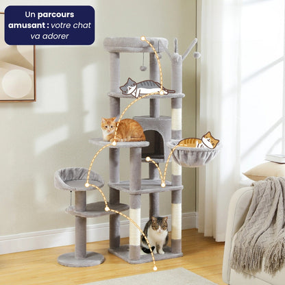 Arbre à Chat XXL Hamac Bois Clair | Design Gris | Perchoir Du Chat