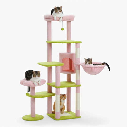 Arbre à Chat XXL Hamac Bois | Design Vert Rose | Perchoir Du Chat