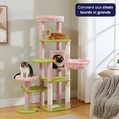 Arbre à Chat XXL Hamac Bois | Design Vert Rose | Perchoir Du Chat