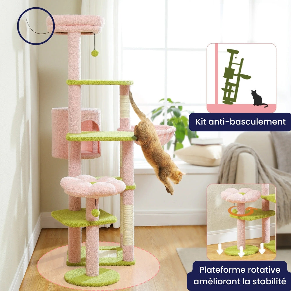 Arbre à Chat XXL Hamac Bois | Design Vert Rose | Perchoir Du Chat