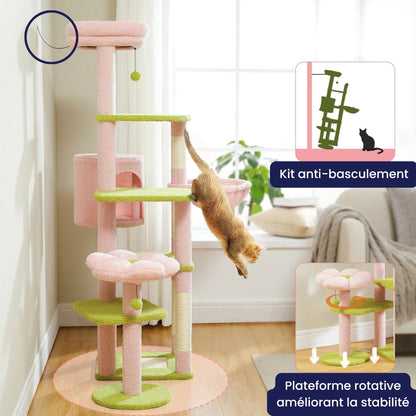 Arbre à Chat XXL Hamac Bois | Design Vert Rose | Perchoir Du Chat