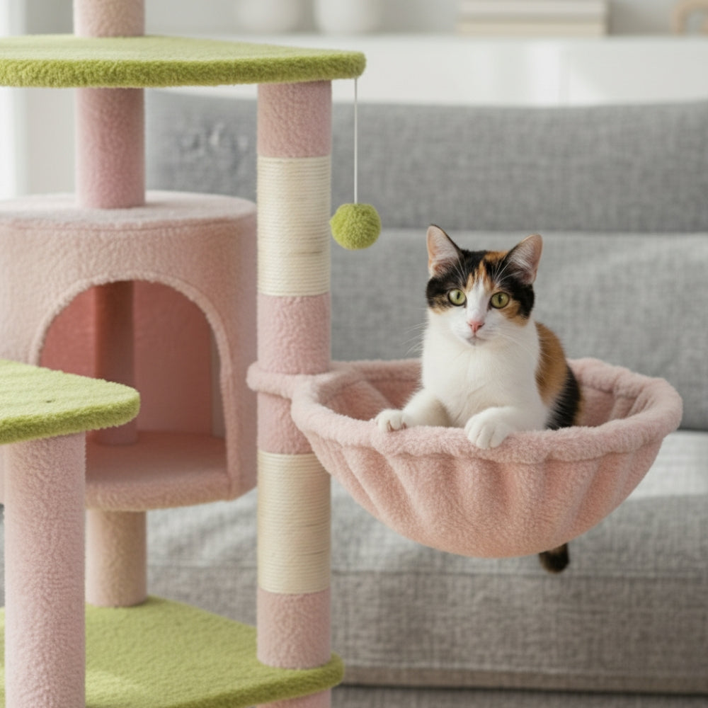 Arbre à Chat XXL Hamac Bois | Design Vert Rose | Perchoir Du Chat