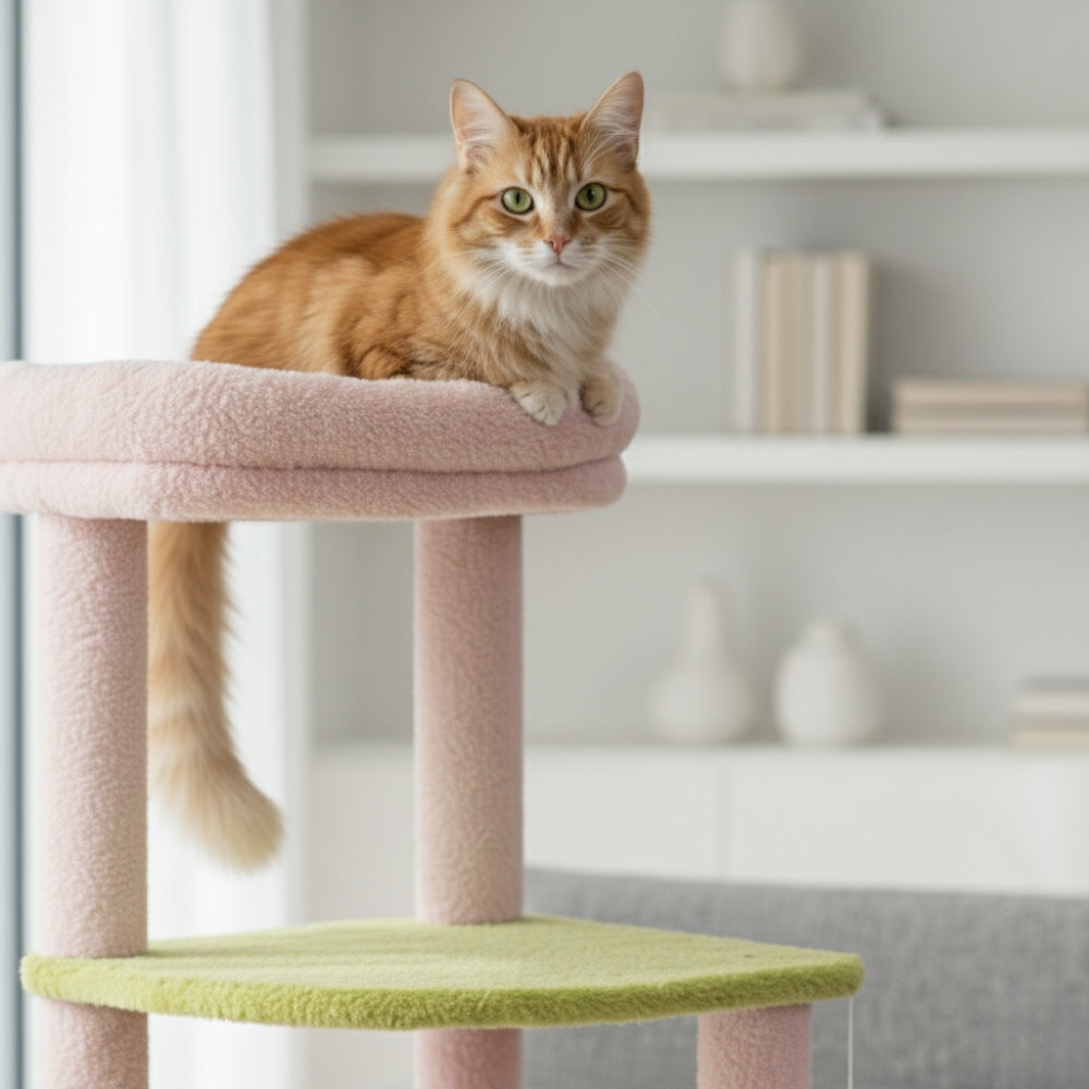 Arbre à Chat XXL Hamac Bois | Design Vert Rose | Perchoir Du Chat