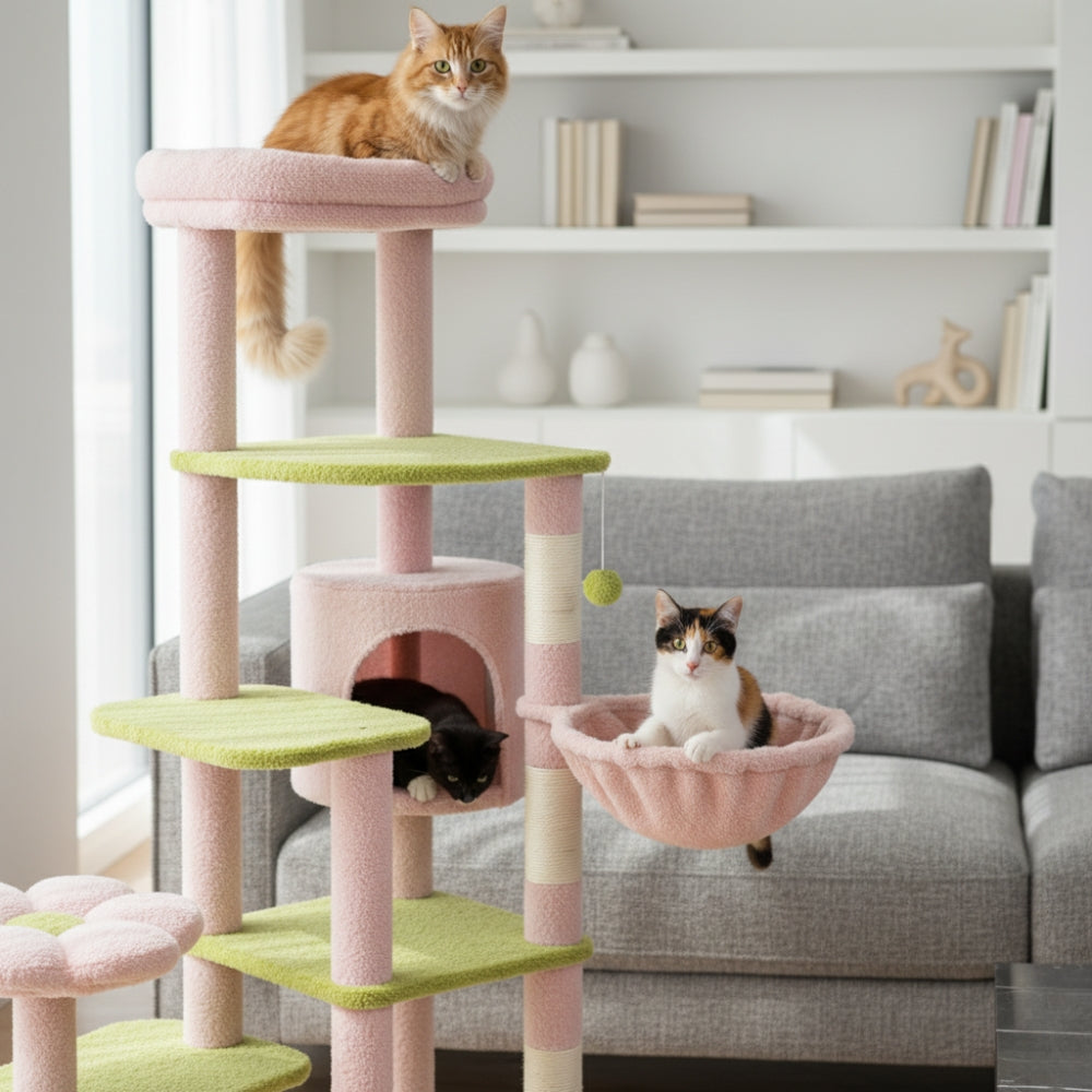 Arbre à Chat XXL Hamac Bois | Design Vert Rose | Perchoir Du Chat