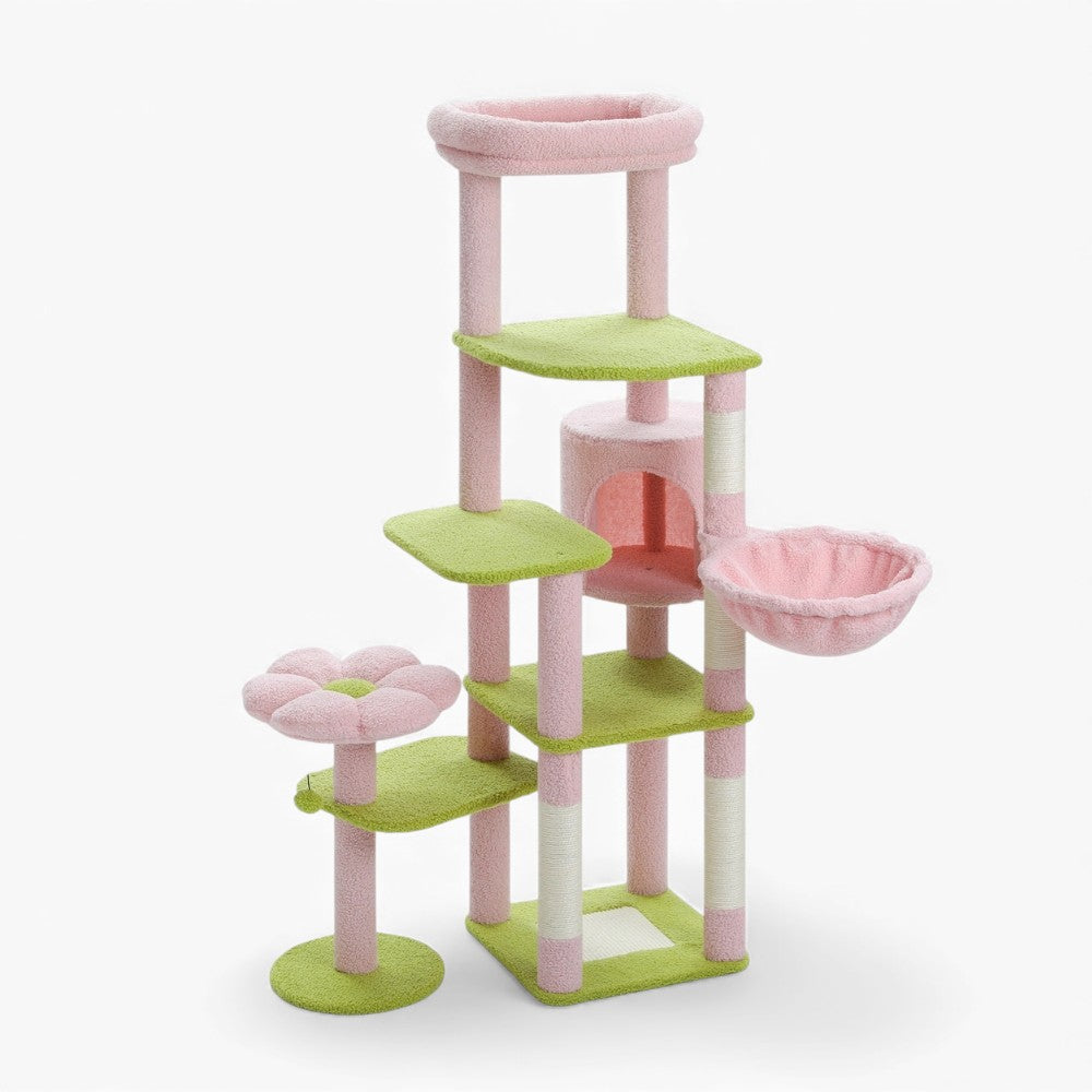 Arbre à Chat XXL Hamac Bois | Design Vert Rose | Perchoir Du Chat