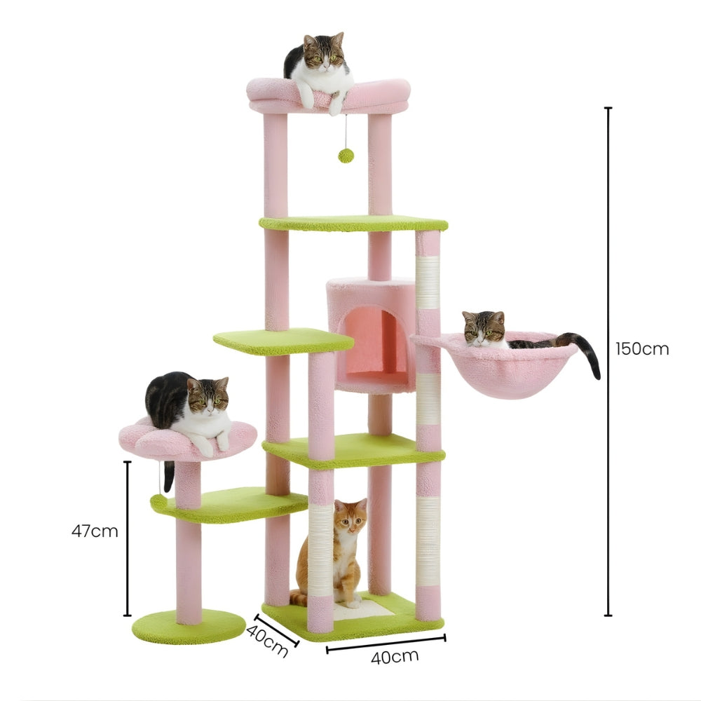 Arbre à Chat XXL Hamac Bois | Design Vert Rose | Perchoir Du Chat