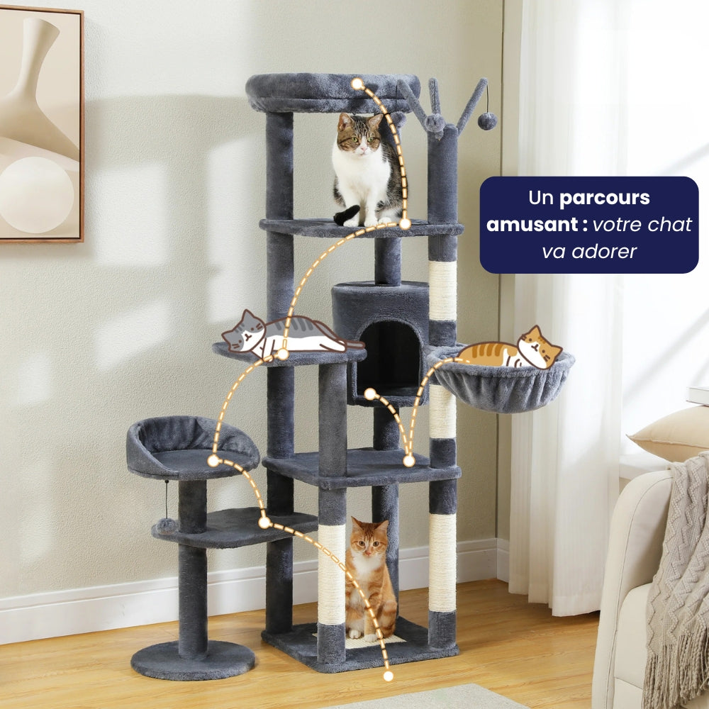 Arbre à Chat XXL Hamac Bois Foncé | Design Gris | Perchoir Du Chat