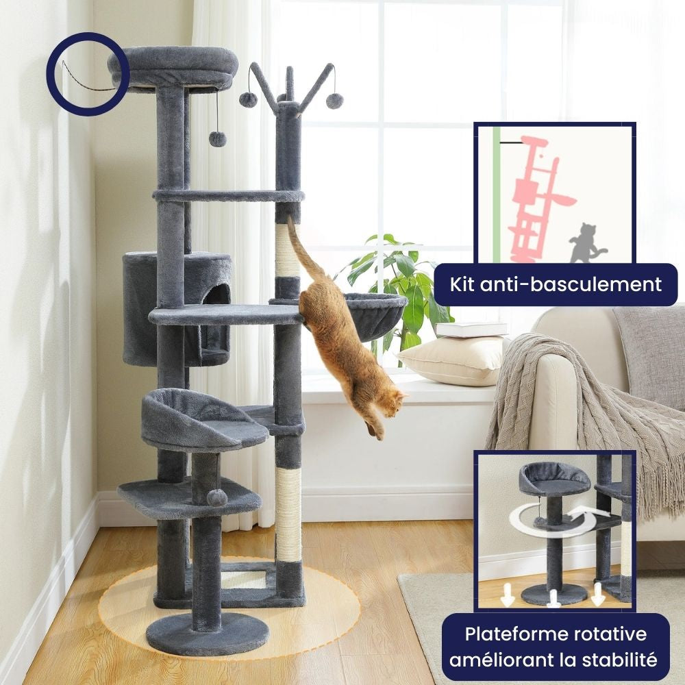 Arbre à Chat XXL Hamac Bois Foncé | Design Gris | Perchoir Du Chat