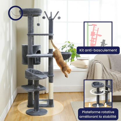 Arbre à Chat XXL Hamac Bois Foncé | Design Gris | Perchoir Du Chat