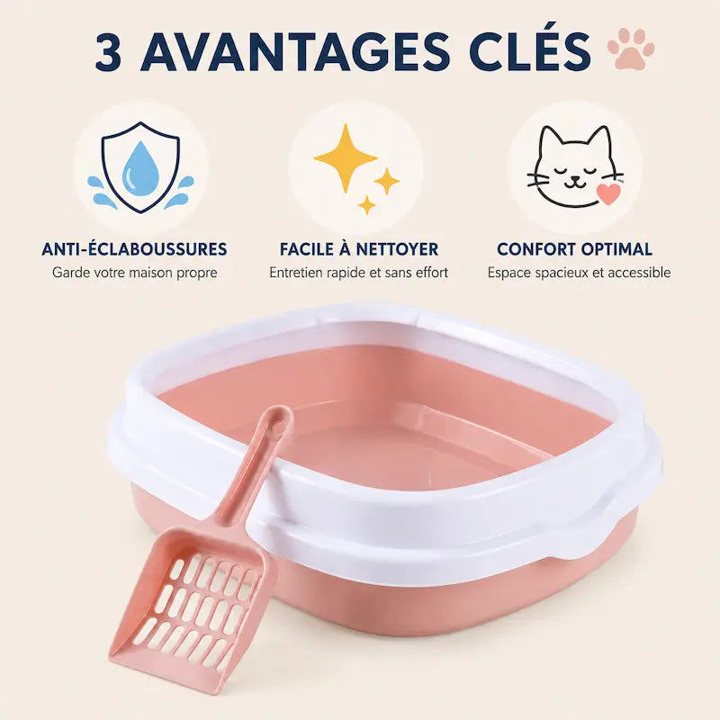 Bac Litière Chat Ouvert - Facile à Nettoyer