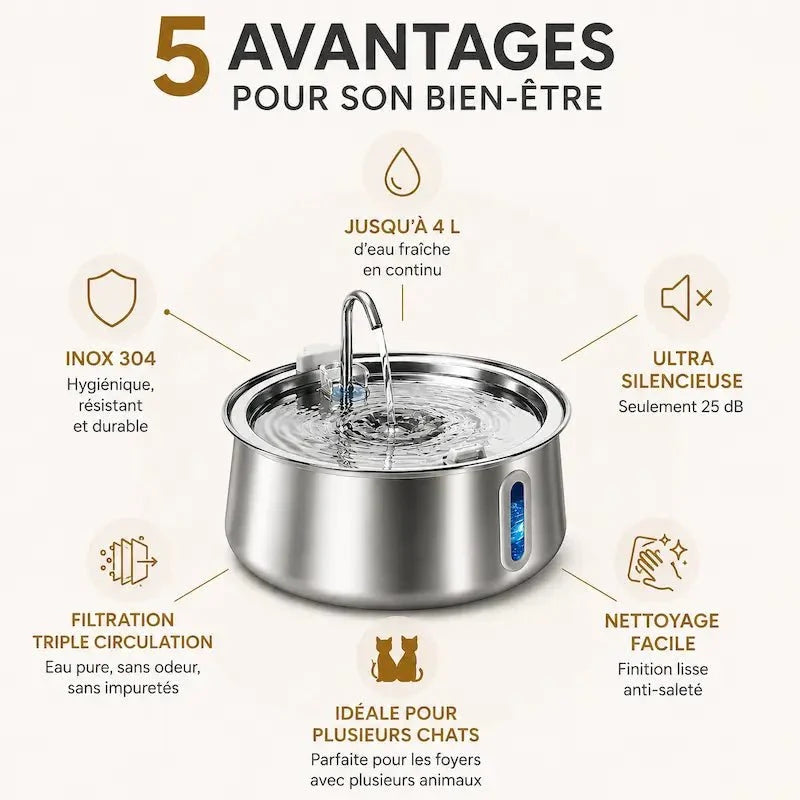 Fontaine à Eau Chat Inox 4L - Hydratation Optimale