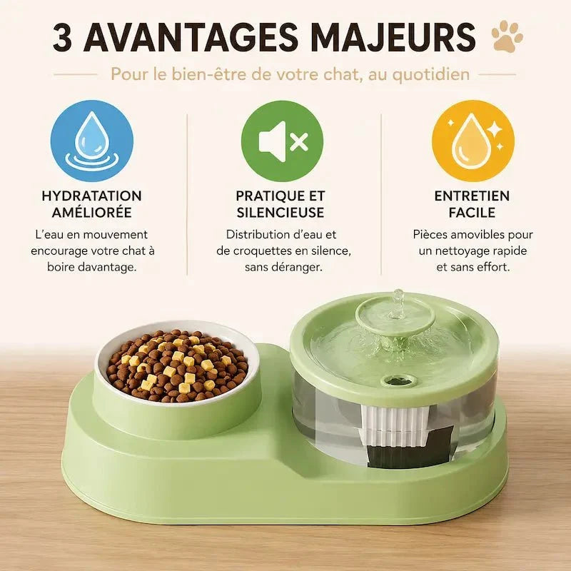 Fontaine à Eau et Croquettes Chat 2-en-1 Pratique