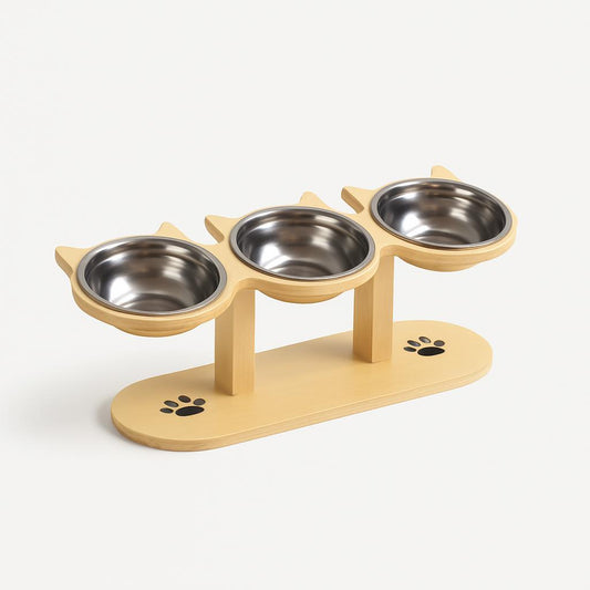 Gamelle Triple Bois Chat - Pratique et Confort