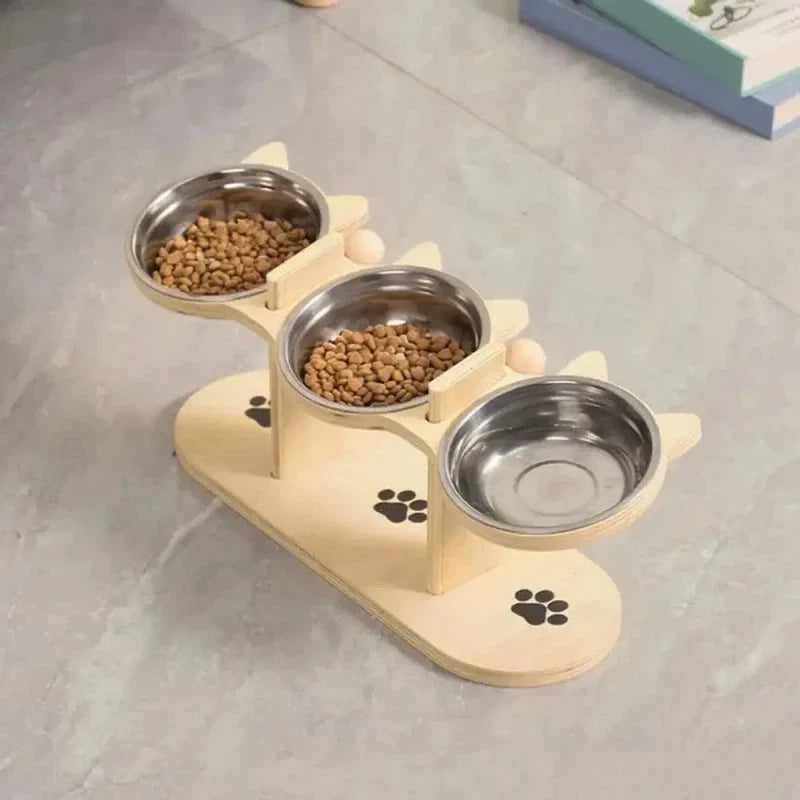 Gamelle Triple Bois Chat - Pratique et Confort